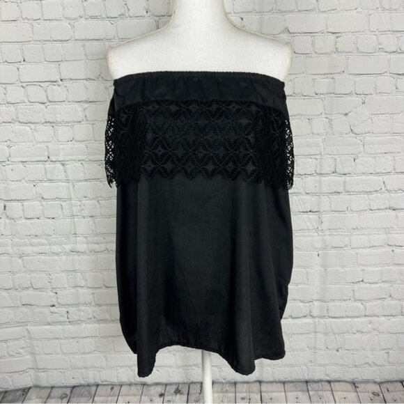 Lace-trim Cotton Crochet Off Shoulder Blouse Black - Picture 1 of 5